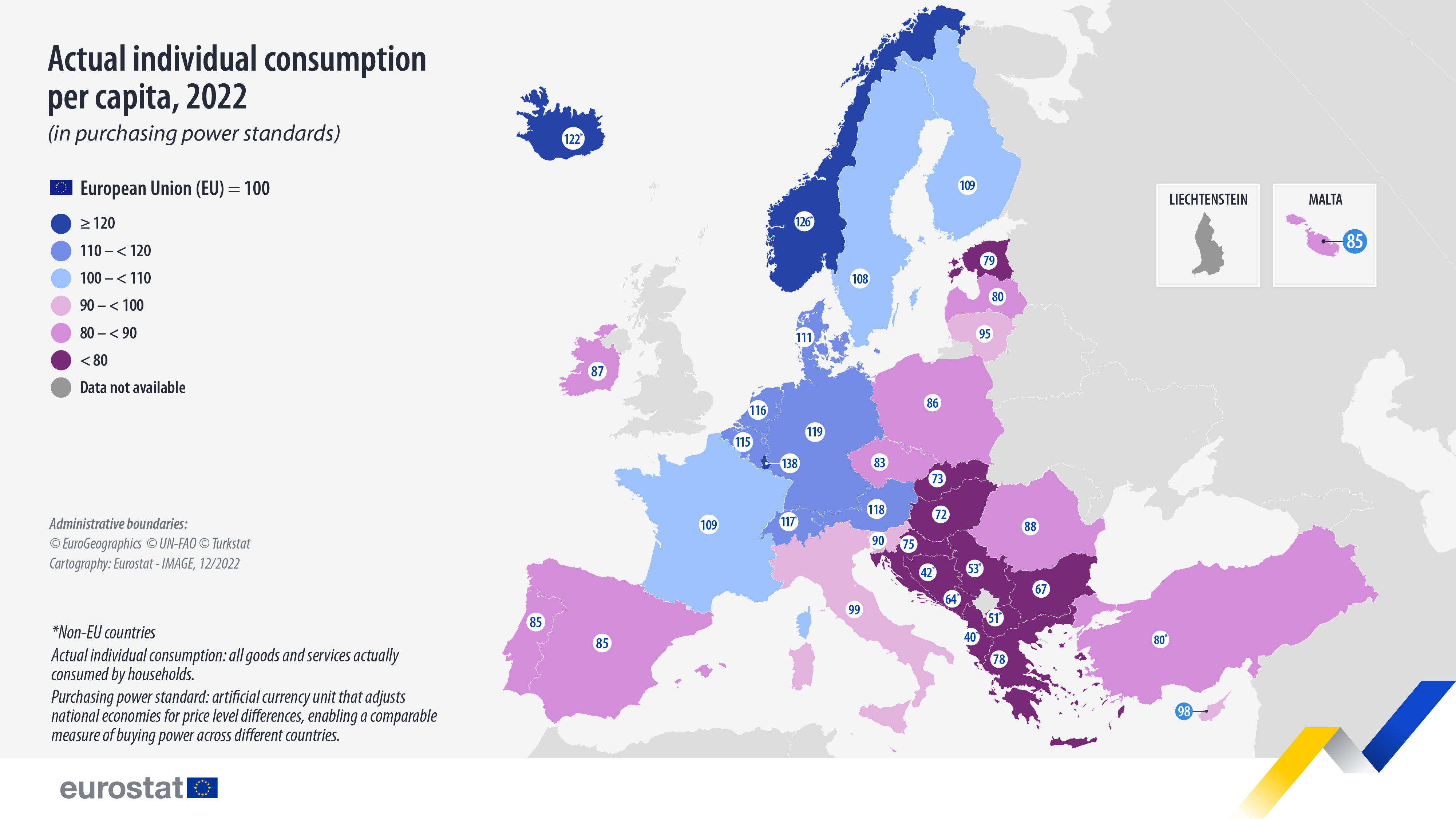 Map: Actual indvidual consumption per capita, 2022, in purchasing power standards 