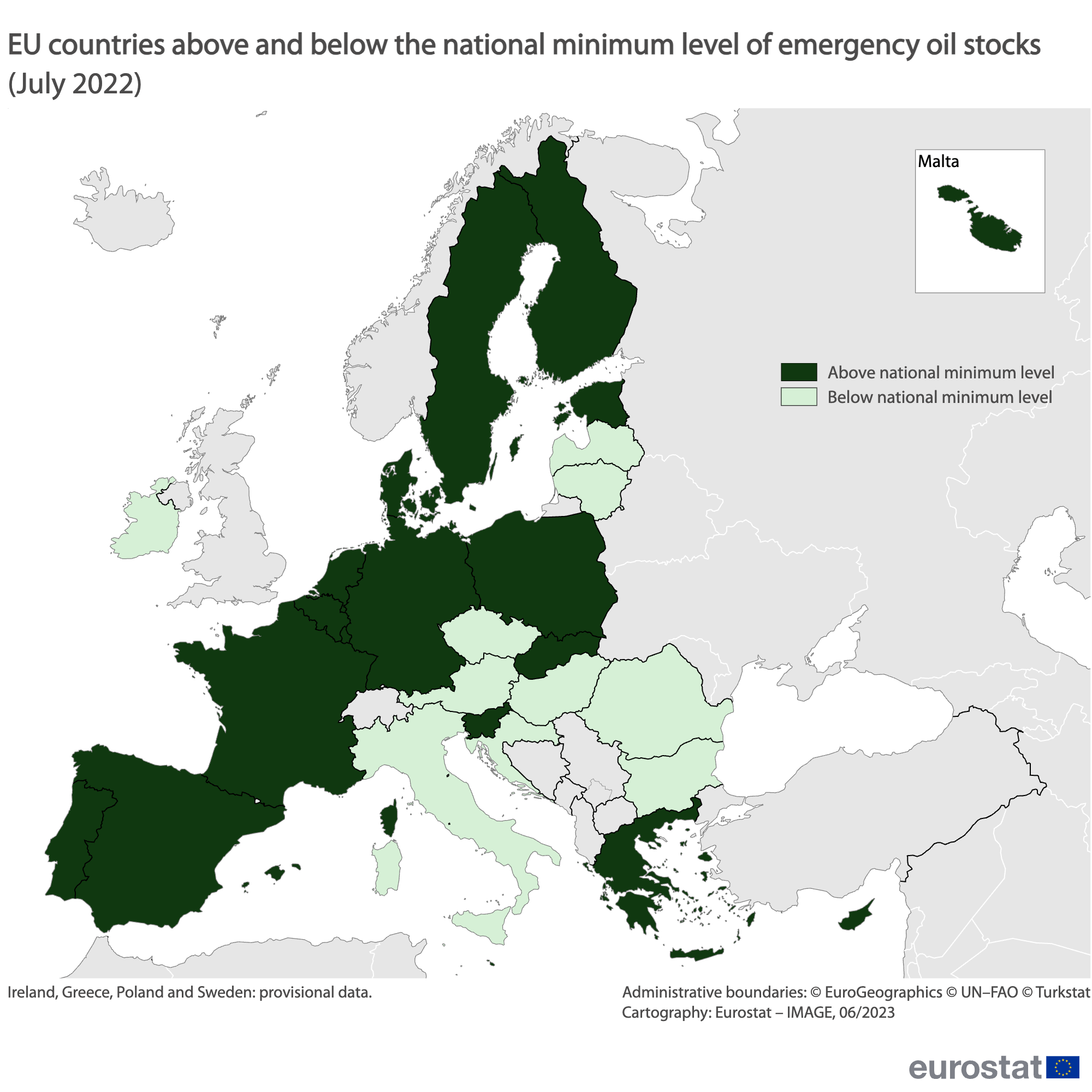 GIF χαρτών: χώρες της ΕΕ πάνω και κάτω από το εθνικό ελάχιστο επίπεδο αποθεμάτων πετρελαίου έκτακτης ανάγκης τον Ιούλιο του 2022 και τον Μάρτιο του 2023