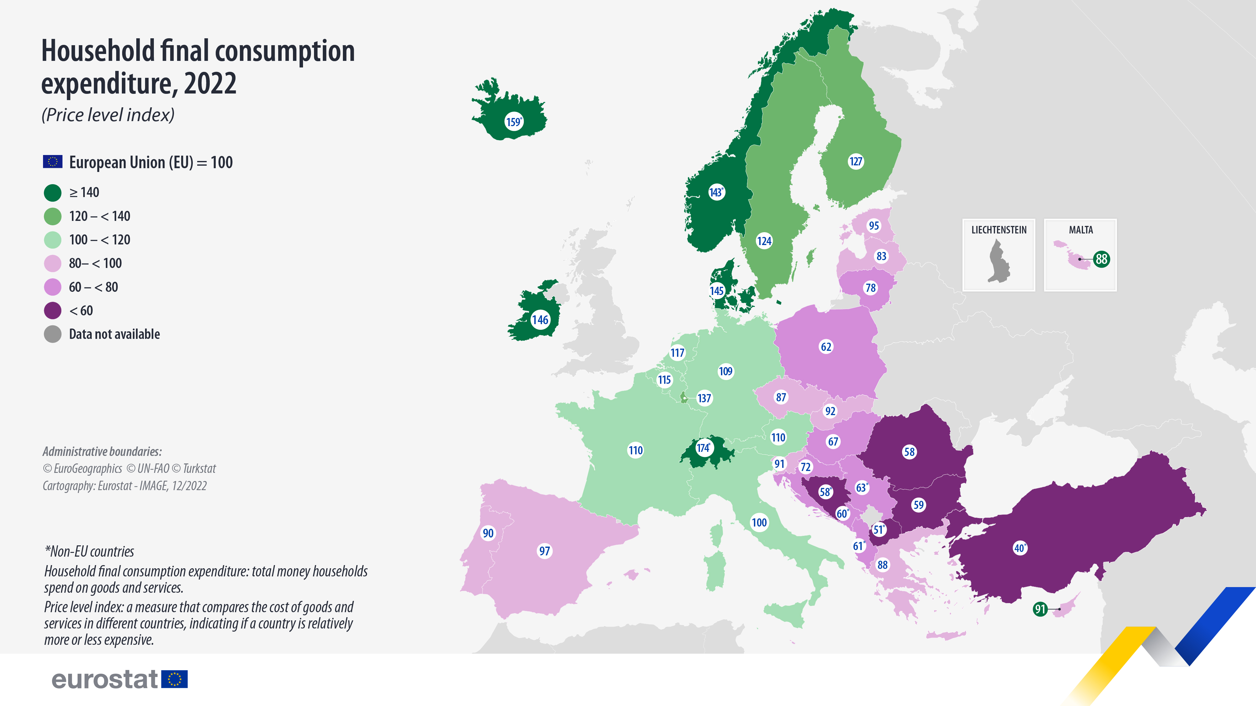 Χάρτης: Τελική καταναλωτική δαπάνη νοικοκυριών, δείκτης επιπέδου τιμών, 2022
