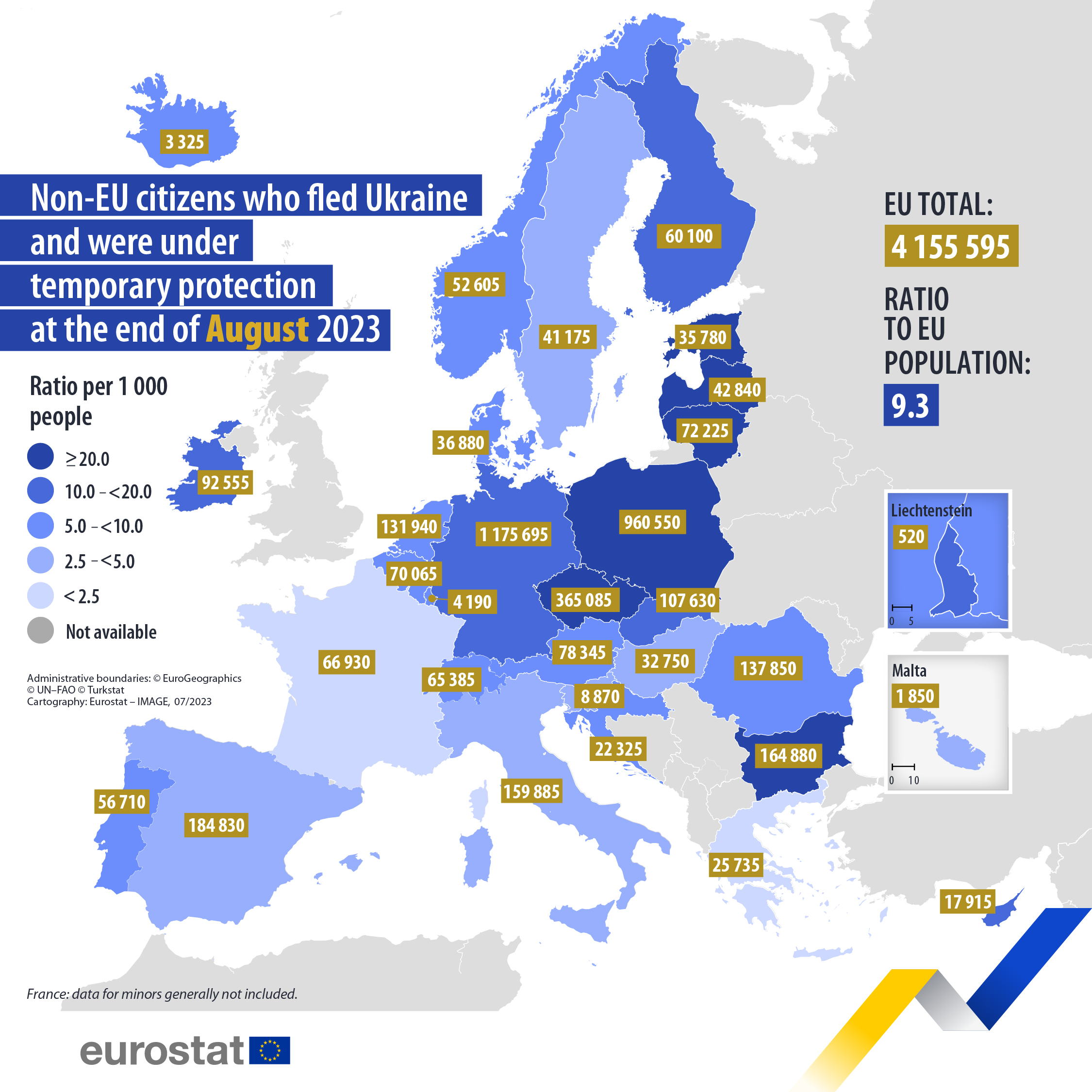 MAP: non-EU citizens who fleed Ukraine and were under temporary protection at the end of August 2023 (total numbers and Ratio to EU/country population)