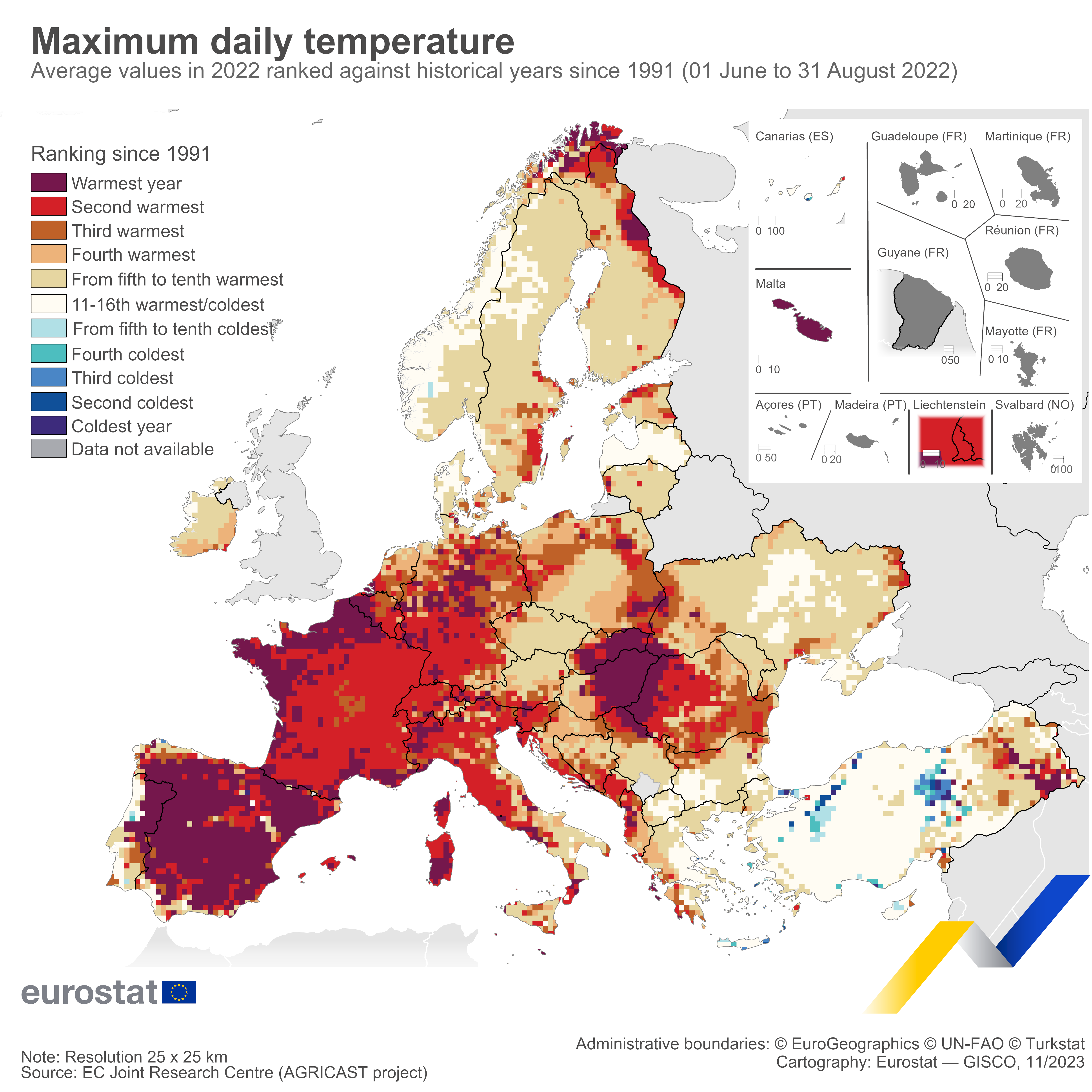 Maximum daily temperatures, June-August 2022, ranked against historical years since 1991