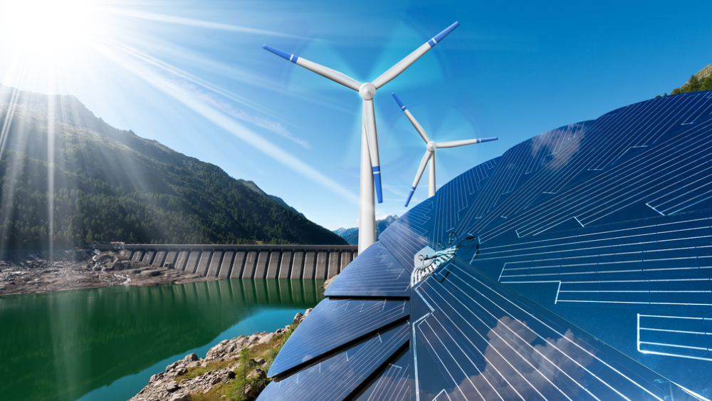Nature image with different renewable source like wind mills, water and solar panels