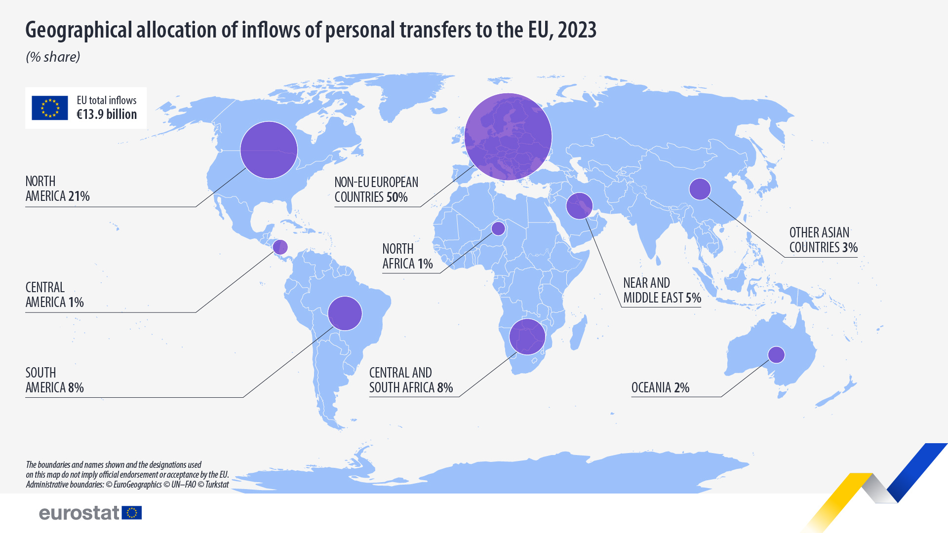 Distribuição geográfica dos fluxos de transferências pessoais para a UE, 2023. Mapa - Clique abaixo para ver o conjunto de dados completo
