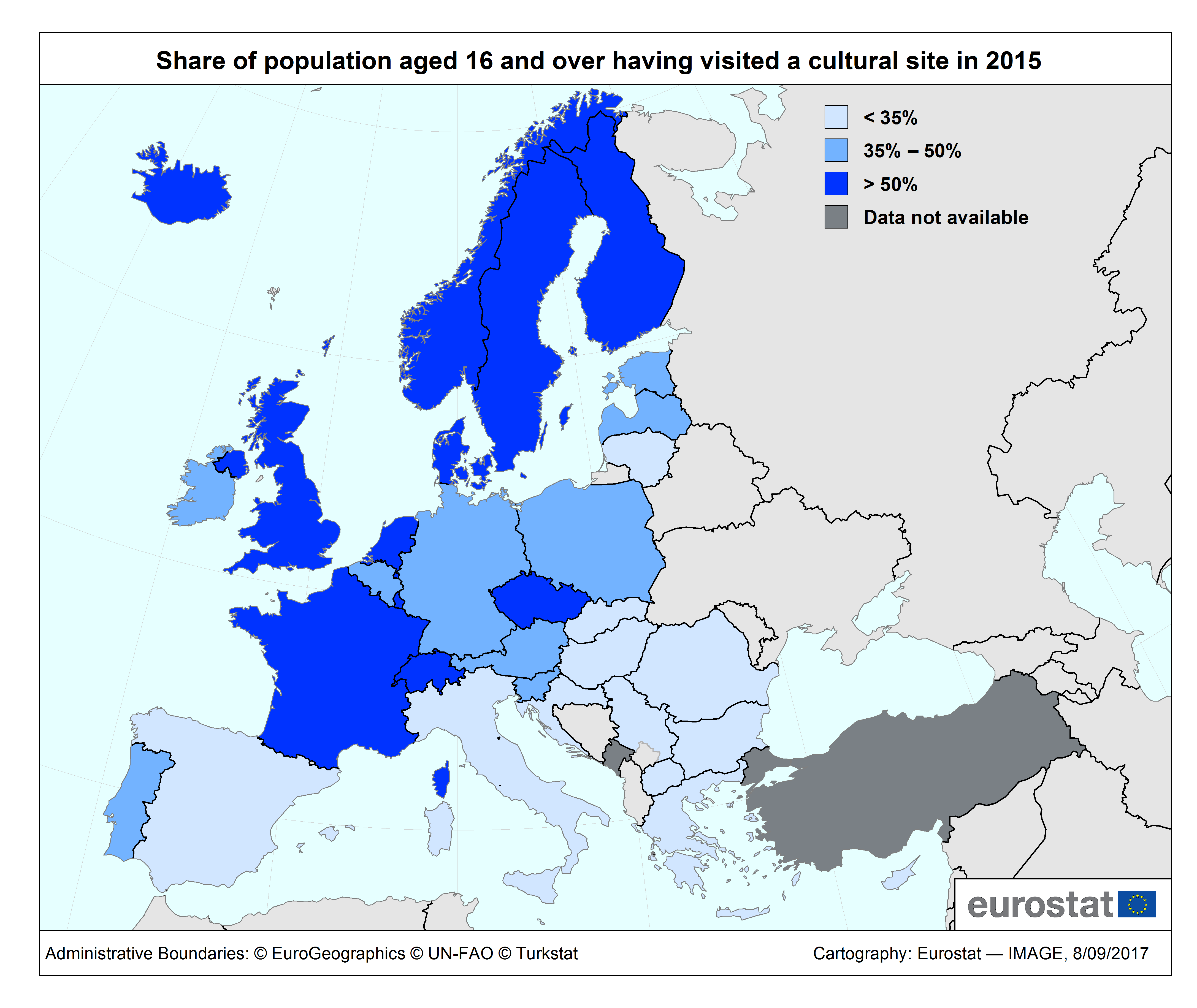 Map: Share of population having visited a cultural site in 2015