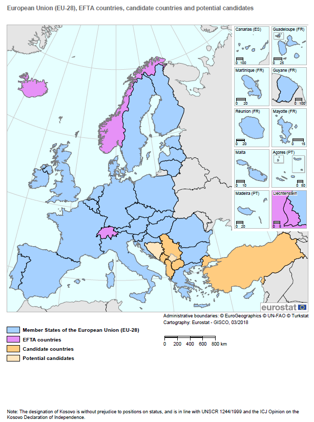 Map of EU, EFTA and candidate countries
