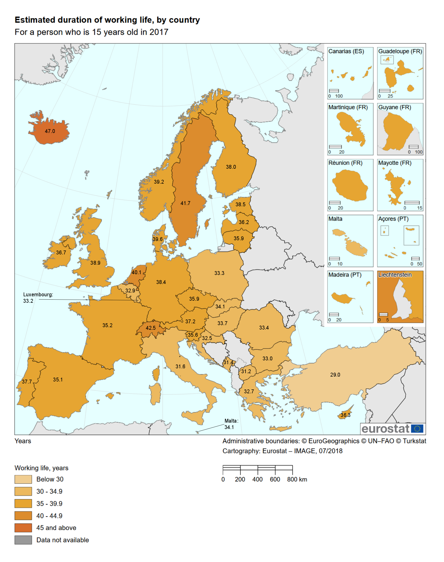Map: Expected duration of working life, 2017