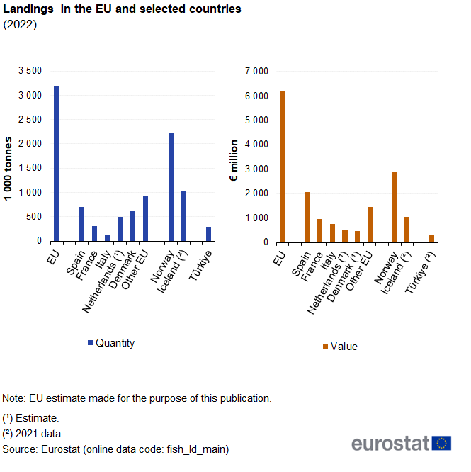 Two separate vertical bar charts showing landings in the EU and selected countries for the year 2022. For the EU, Spain, France, Italy, Netherlands, Denmark, other EU, Norway, Iceland and Türkiye, one bar chart shows the quantity as thousand tonnes and the other bar chart shows the value as euro million.