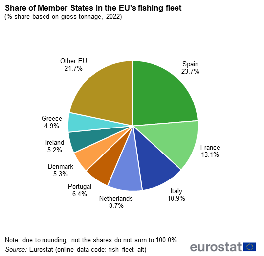 Pie chart showing share of Member States in the EU’s fishing fleet as percentage share based on gross tonnage for the year 2022.