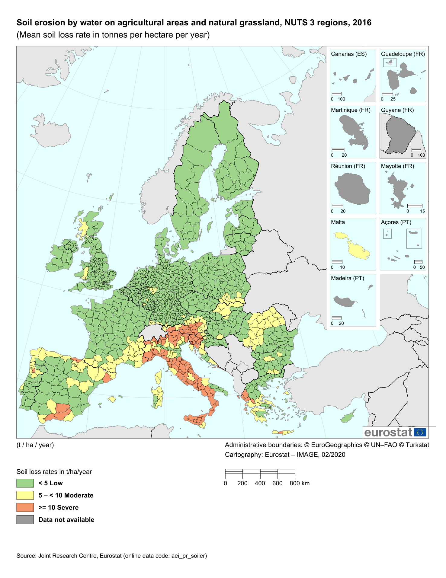 Soil erosion by water on agricultural areas and natural grassland, NUTS 3 regions, 2016. Source: EUROSTAT