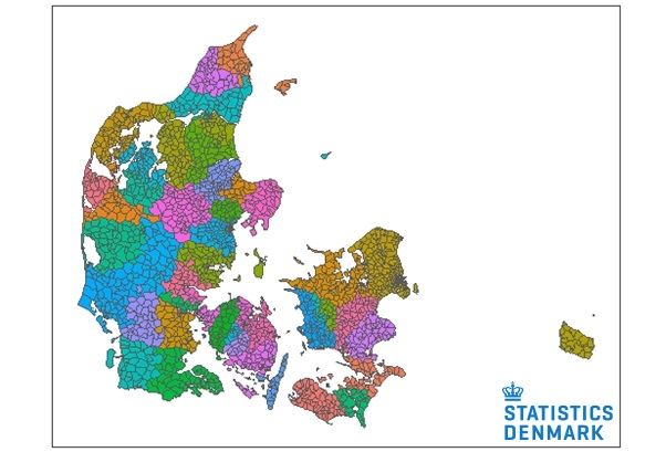 A map showing parish clusters used in analyses performed by Statistics Denmark.