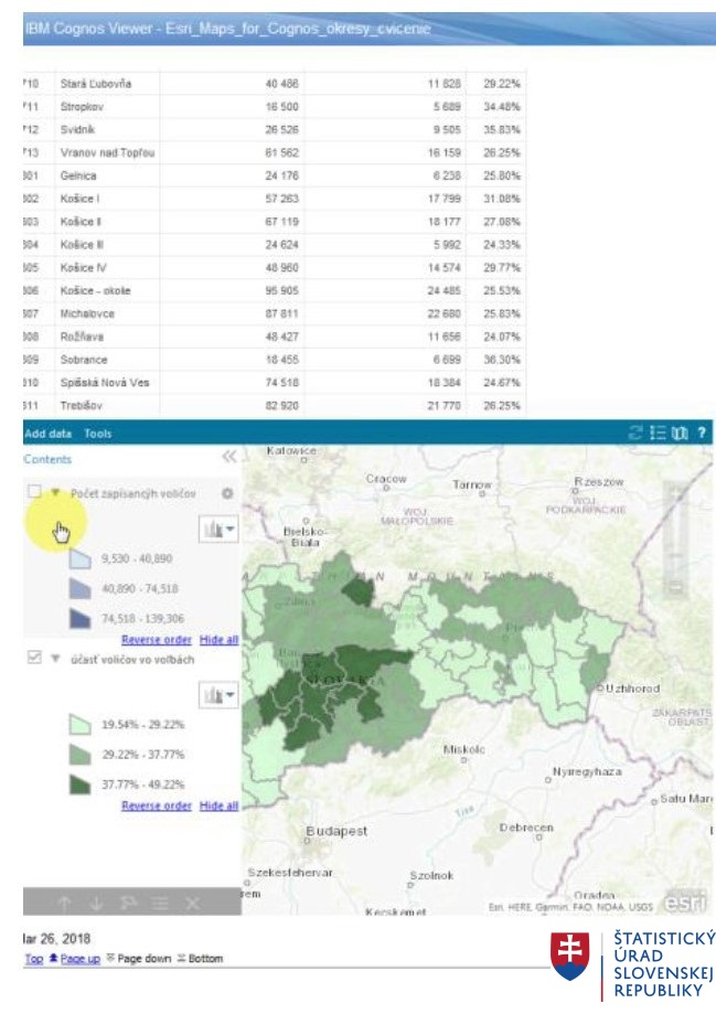 A screenshot image of the ESRI maps for Cognos application, as developed for the Statistical Office of Slovak Republic.