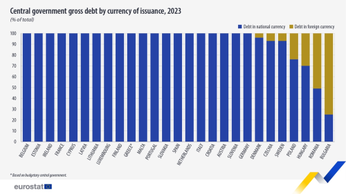 an image showing a vertical stacked bar chart with 2023 central government gross debt broken down by currency of issuance for the EU, the euro area 20 EU countries. The stacks show debt in national currency and debt in foreign currency.