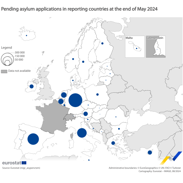 Map showing persons with asylum applications pending in the EU countries and surrounding countries at the end of May 2024. Each country is classified based on a range in number of applications pending.