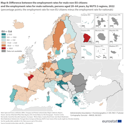 Map showing percentage points difference between the employment rates for male non-EU citizens and the employment rates for male nationals, persons aged 20 to 64 years by NUTS 2 regions in the EU and surrounding countries for the year 2022. Each NUTS 2 region is colour-coded based on ranges.
