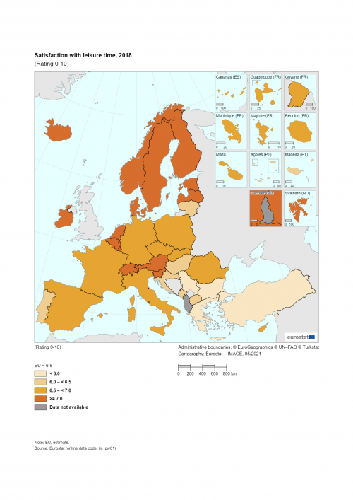 Map showing satisfaction with leisure time in the EU. Based on a rating zero to ten, each country is classified within ranges of satisfaction for the year 2018.