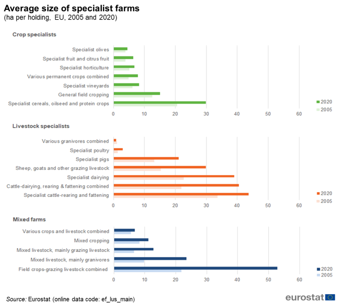 Three separate bar charts showing average size of specialist farms in the EU in hectares per holding. The charts for crop specialists, livestock specialists and mixed farms have various categories each with two bars comparing the year 2020 with 2005.