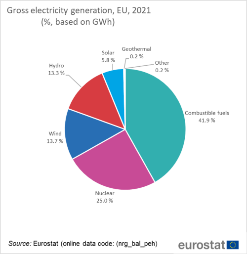 Pie chart on gross electricity production in 2021 in the EU, EU Member States and some of the EFTA countries.