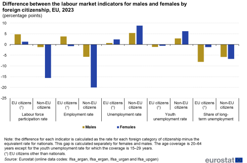 Double vertical bar chart showing the difference between the labour market indicators for males and females by citizenship in the EU for the year 2023. Data are shown in percentage points.