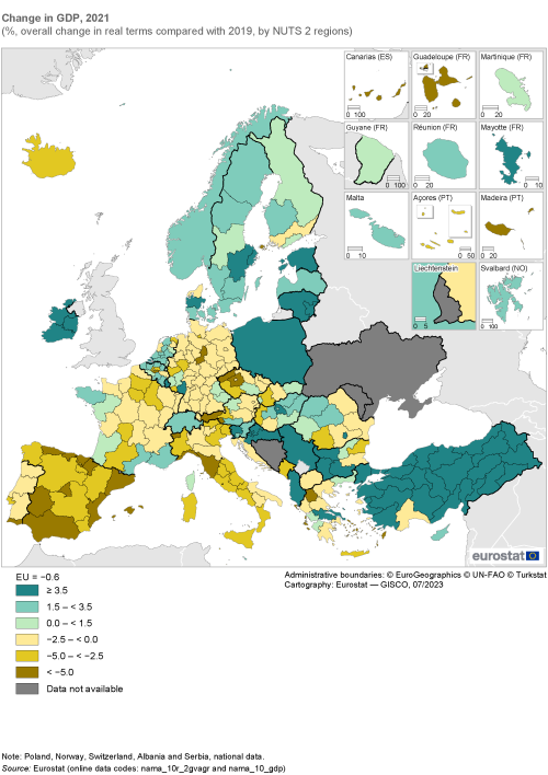 Map showing change in GDP as percentage overall change in real terms compared with 2019 in the EU and surrounding countries by NUTS 2 regions. Each country region is colour-coded based on the percentage within certain ranges for the year 2021.