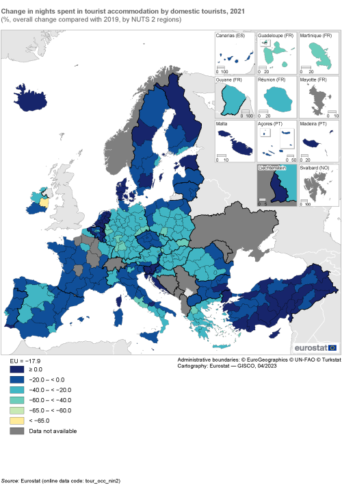 Map showing change in nights spent in tourist accommodation by domestic tourists in the year 2021 as percentage overall change compared with 2019 by NUTS 2 regions in the EU and surrounding countries. Each region is classified based on a percentage range.