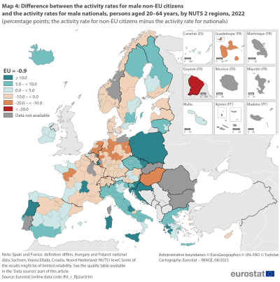 Map showing percentage points difference between the activity rates for male non-EU citizens and the activity rates for male nationals, persons aged 20 to 64 years by NUTS 2 regions in the EU and surrounding countries for the year 2022. Each NUTS 2 region is colour-coded based on ranges.