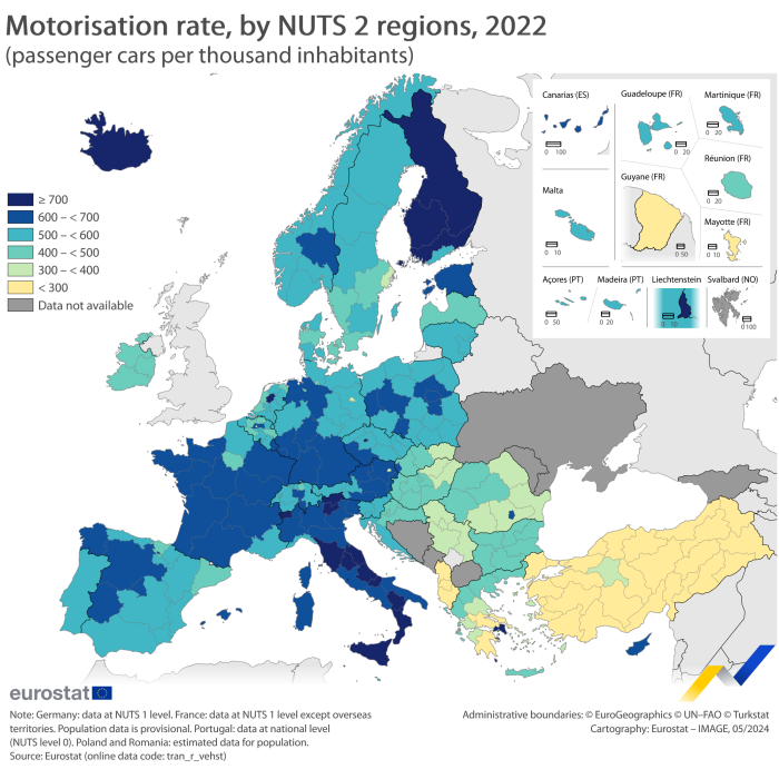 Map showing motorisation rate by NUTS 2 regions as passenger cars per thousand inhabitants in the EU, EFTA countries and candidate countries. Each region is labelled based on a range of passenger cars for the year 2022.