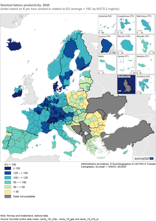 Map showing nominal labour productivity as index based on € per hour worked in relation to EU average set at 100 in the EU and surrounding countries by NUTS 2 regions. Each country region is colour-coded within certain ranges for the year 2020.