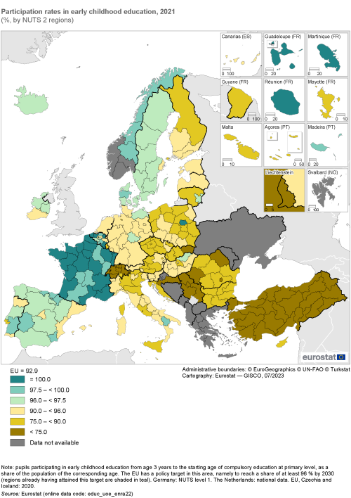Map showing participation rates in early childhood education as percentages by NUTS 2 regions in the EU. Each region is colour-coded based on a percentage range for the year 2021.