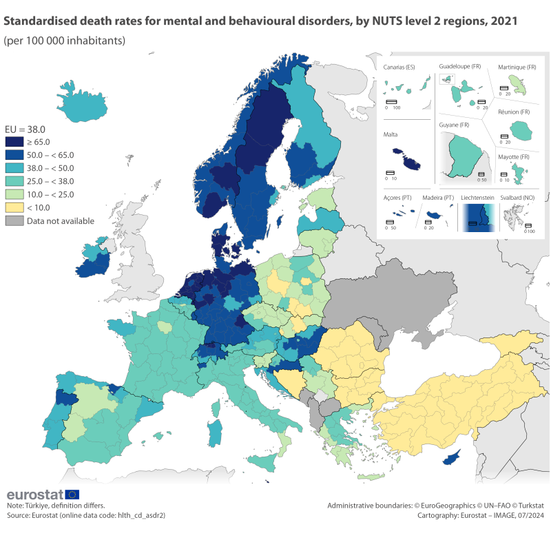 A choropleth map showing standardised death rates per hundred thousand inhabitants for mental and behavioural disorders. Data are shown for 2021 for level 2 regions for EU, EFTA and enlargement countries.