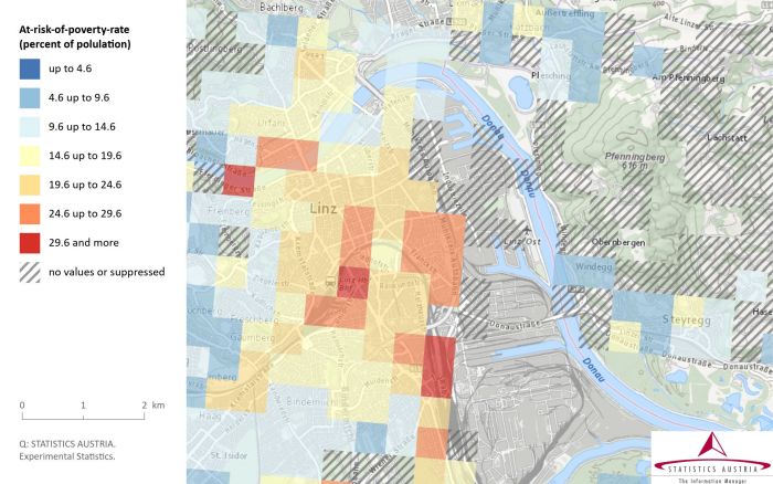 A screenshot image showing the S D G atlas with spatial patterns of poverty in Linz (for a 500 metre grid), based on the at-risk-of-poverty rate.