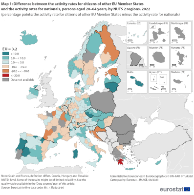 Map showing percentage points difference between the activity rates for citizens of other EU member States and the activity rates for nationals, persons aged 20 to 64 years by NUTS 2 regions in the EU and surrounding countries for the year 2022. Each NUTS 2 region is colour-coded based on ranges.