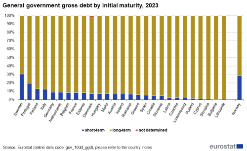 A vertical stacked bar chart general government gross debt by initial maturity in 2023 in the EU, the euro area 20, EU countries and Norway. The stacks show long term, short term and not determined initial maturity.