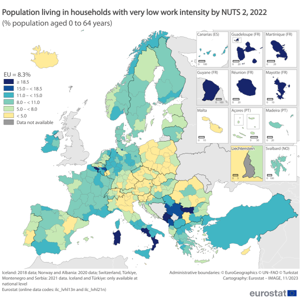 Map showing the share of the EU population aged less than 65 years living in households characterized by very low work intensity at the NUTS level 2 in 2022. Each country is colour-coded based on percentages of work intensity for the year 2022.