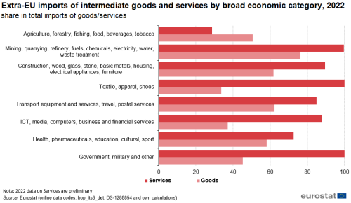 a double horizontal bar chart showing the Extra-EU imports of intermediate goods and services by broad economic category in 2022 as shares in total imports of goods/services. The bars for each category show goods and services. There are eight categories.