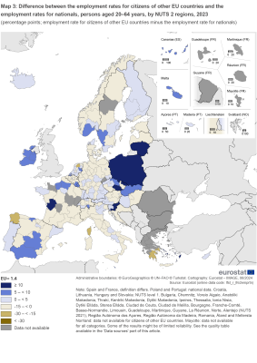 Map showing percentage points difference between the employment rates for citizens of other EU countries and the employment rates for nationals, persons aged 20 to 64 years by NUTS 2 regions in the EU and surrounding countries for the year 2023. Each NUTS 2 region is classified based on ranges.