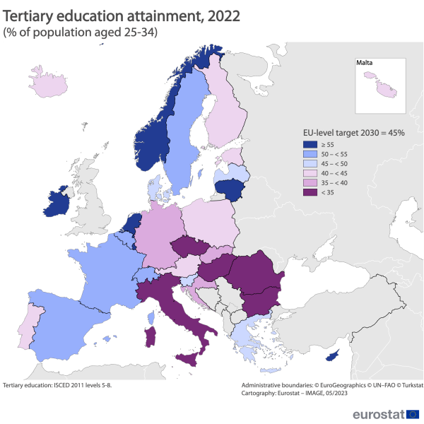 Map showing tertiary education attainment as percentage of population aged 25 to 34 years in the EU and surrounding countries. Each country is colour-coded based on the percentage within certain ranges for the year 2022.