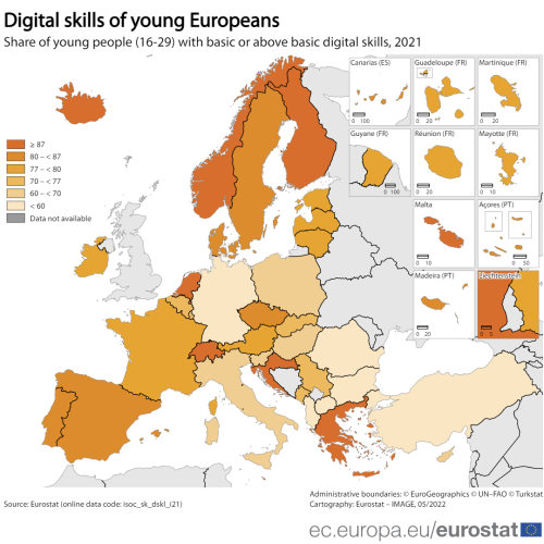 a map showing the digital skills of young Europeans as a Share of young people aged16-29 with basic or above digital skills in 2021 in the EU, EU Member States and some of the EFTA countries, candidate countries.