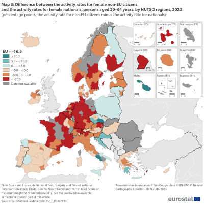 Map showing percentage points difference between the activity rates for female non-EU citizens and the activity rates for female nationals, persons aged 20 to 64 years by NUTS 2 regions in the EU and surrounding countries for the year 2022. Each NUTS 2 region is colour-coded based on ranges.