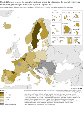 Map showing percentage points difference between the unemployment rates for non-EU citizens and the unemployment rates for nationals, persons aged 20 to 64 years by NUTS 2 regions in the EU and surrounding countries for the year 2023. Each NUTS 2 region is classified based on ranges.