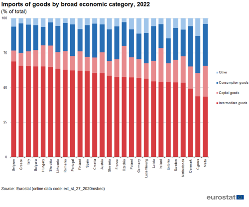 a stacked bar chart showing the imports of goods by broad economic category in 2022 in the EU Member States, the stacks show, consumption goods, capital goods, intermediate goods and other.