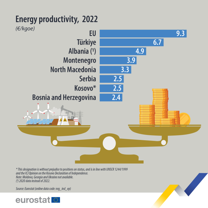 visual showing the energy productivity for 2022 in the EU, Türkiye, Albania, Montenegro, North Macedonia, Serbia, Kosovo and Bosnia and Herzegovina.