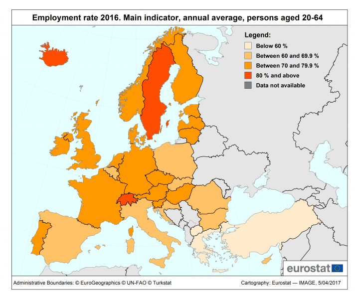 Kartogram: zaměstnanost 2016 v zemích EU
