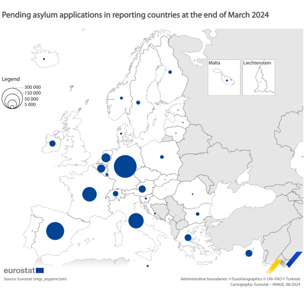 Map showing persons with asylum applications pending in the EU countries and surrounding countries at the end of March 2024. Each country is classified based on a range in number of applications pending.