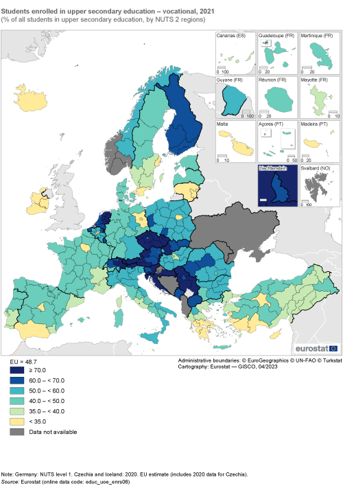 Map showing students enrolled in upper secondary vocational education as percentage of all students in upper secondary education by NUTS 2 regions in the EU. Each region is colour-coded based on a percentage range for the year 2021.