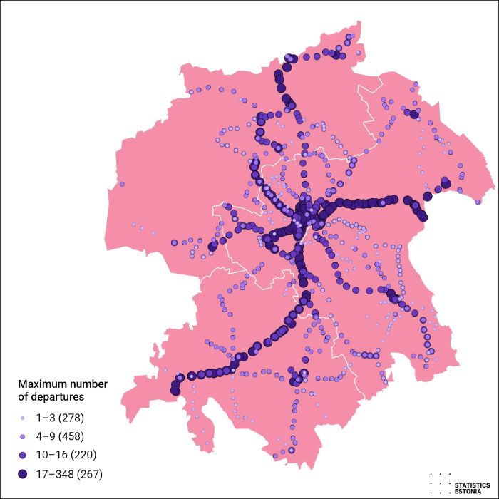 A map showing the public transport network in Viljandi county.