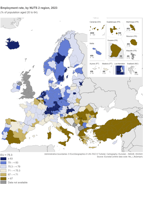 A map of Europe showing employment rate by NUTS 2 region, in 2023, as a percentage of the population aged 20 to 64. The map shows EU Member States and other European countries.