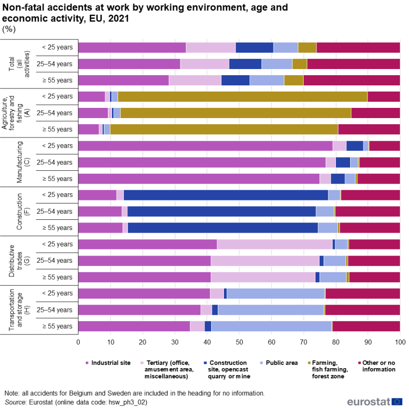 Horizontal queued bar chart showing percentage non-fatal accidents at work by working environment, age and economic activity in the EU. Totalling 100 percent, each of the 18 bars of three age groups in six economic activities has six queues representing industrial site, tertiary, construction site, quarry or mine, faming and other for the year 2021.