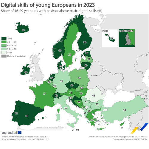 a map showing the digital skills of young Europeans as a Share of young people aged 16-29 with basic or above digital skills in 2023 in the EU, EU countries and some of the EFTA countries, candidate countries.