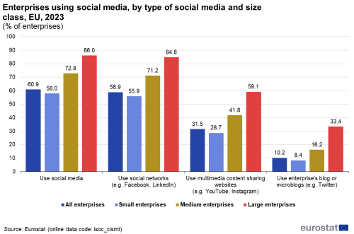 a vertical bar chart showing the enterprises using social media, by type of social media and size class in the EU for the year 2023.