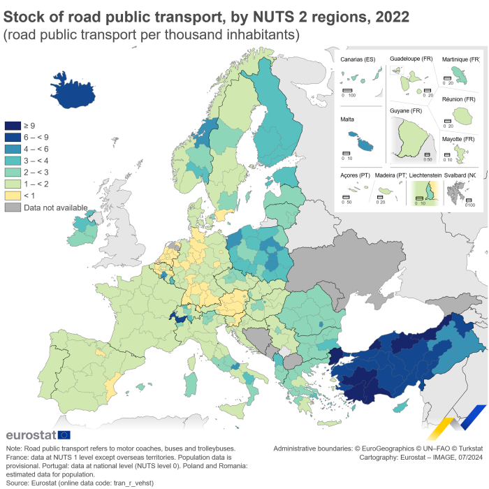 Map showing the stock of road public transport (motor coaches, buses and trolleybuses) by NUTS 2 regions as road public transport per thousand inhabitants in the EU, EFTA countries and candidate countries. Each region is labelled based on a range of road public transport for the year 2022.